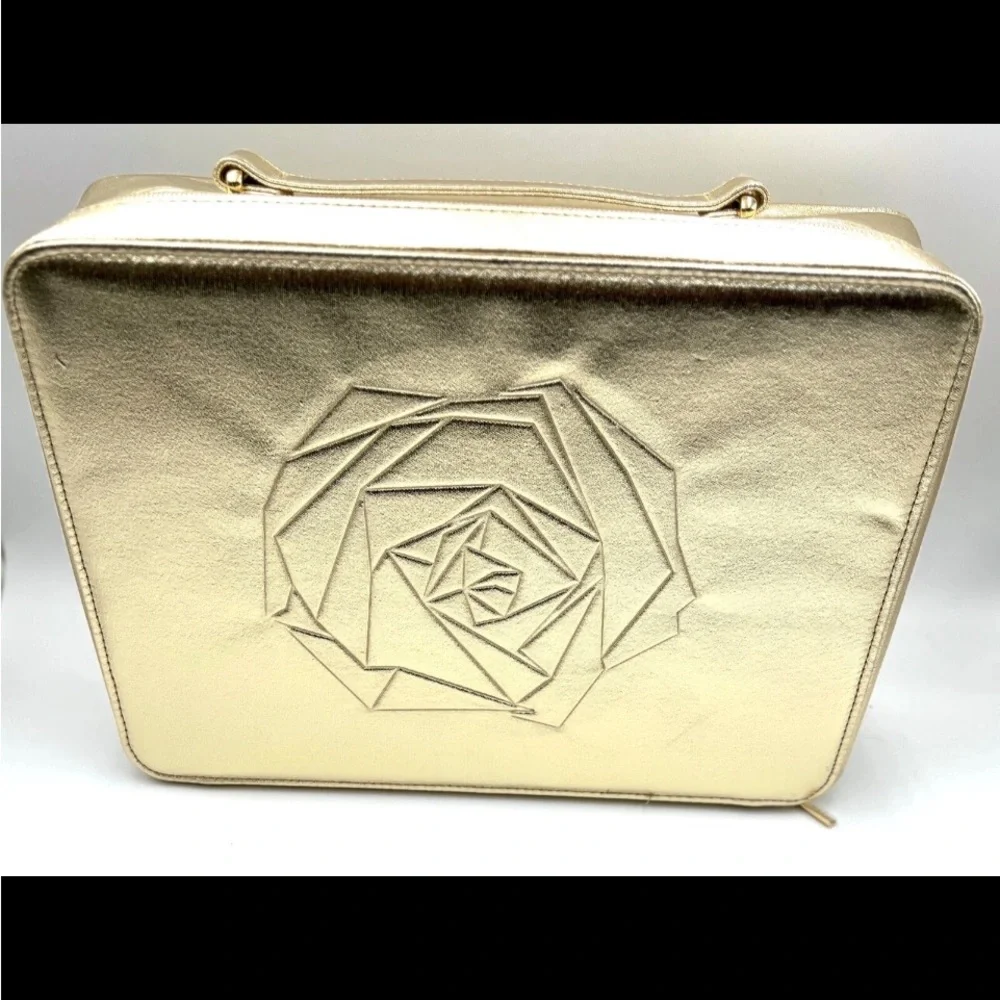 Lancome Gold Cosmetic Bag with Embossed Rose Design